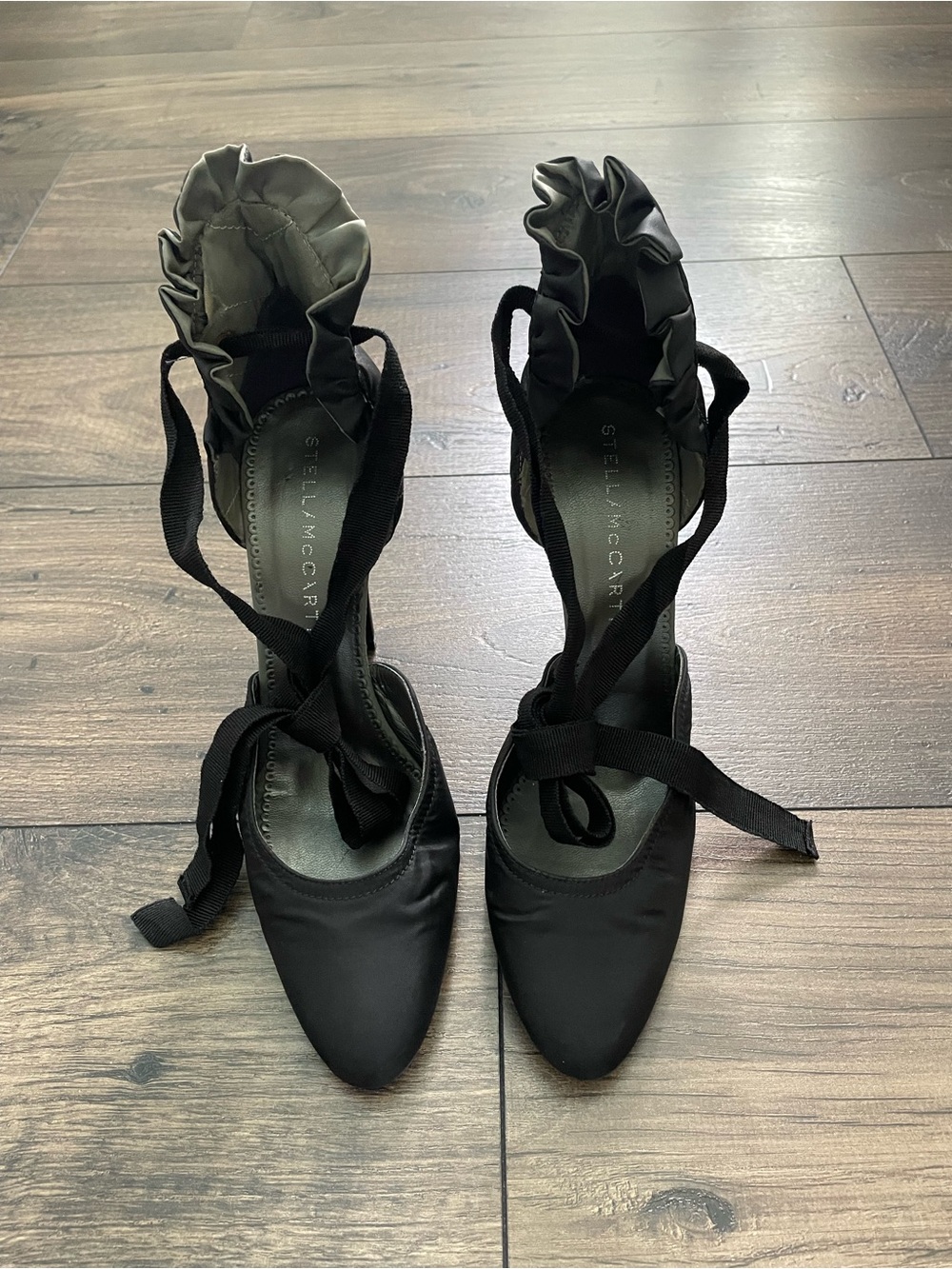 Stella McCartney Black Satin Ruffled Ankle-Tie Heels 37